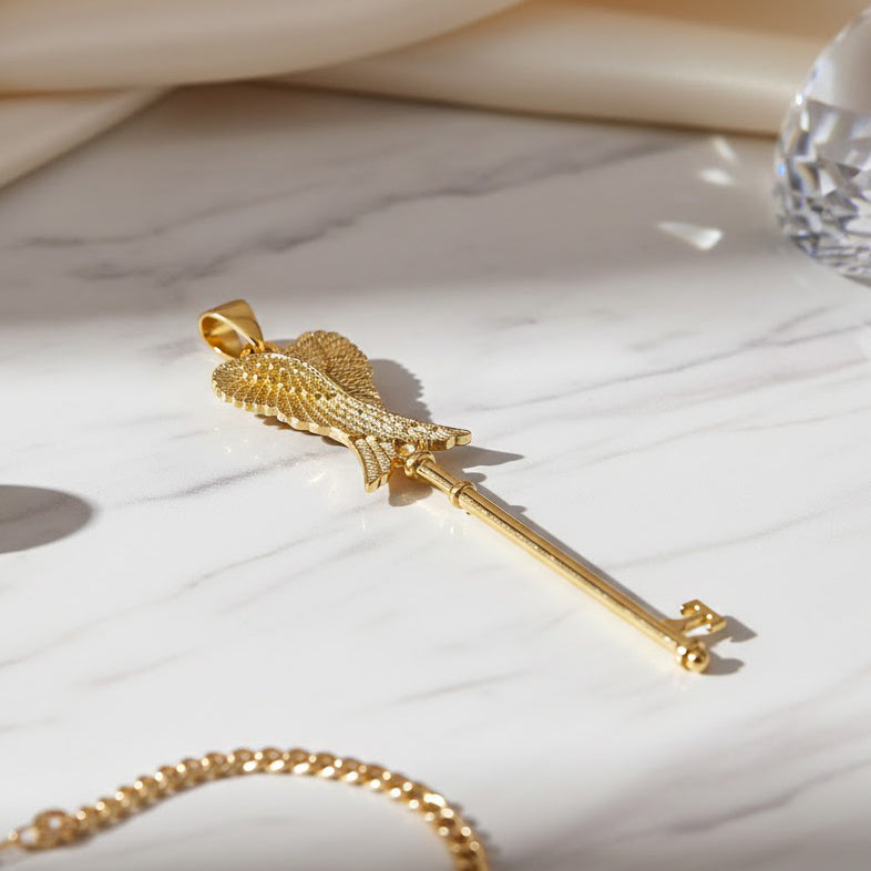 Angel Wings Spiritual Enchantment Key Solid Gold Pendant GPD5710