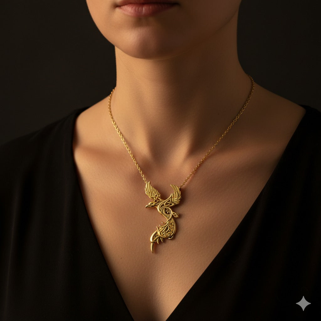 Steampunk Celtic Phoenix Solid Yellow Gold Pendant