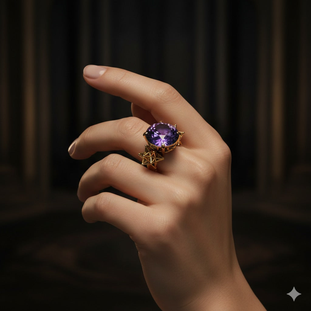 Sacred Hexagon Solid Yellow Gold Cocktail Ring