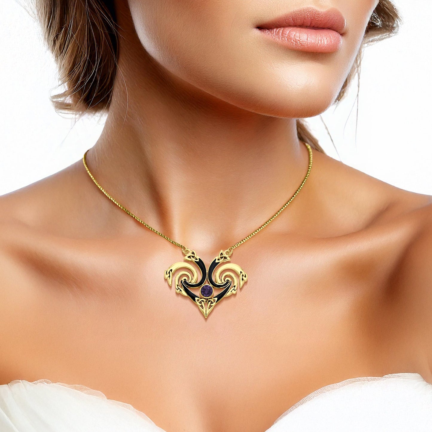 Representation that lies in the Universe Solid Yellow Gold Triquetra Necklace with Gemstone GNC160