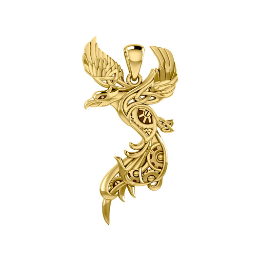 Steampunk Celtic Phoenix Solid Yellow Gold Pendant
