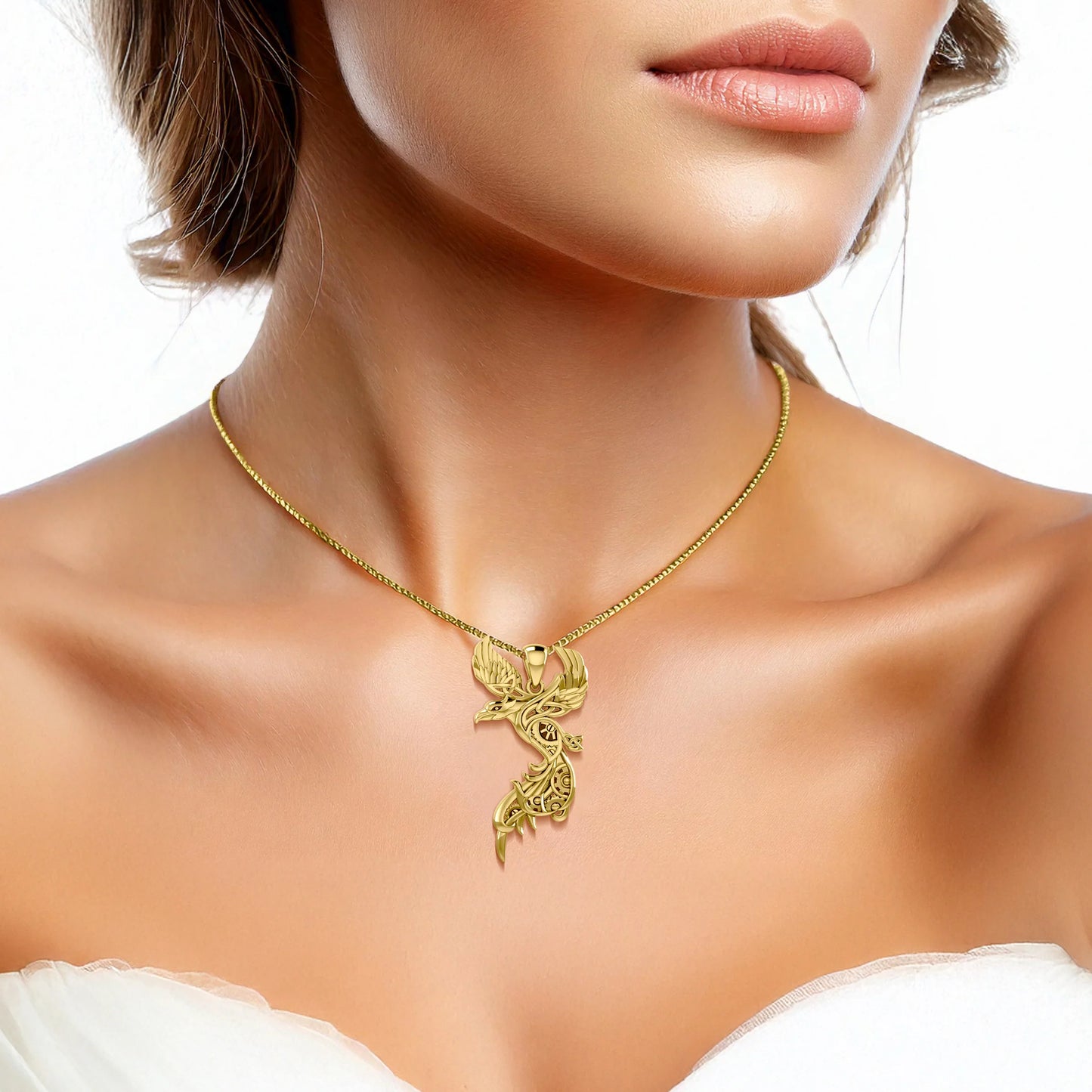 Steampunk Celtic Phoenix Solid Yellow Gold Pendant