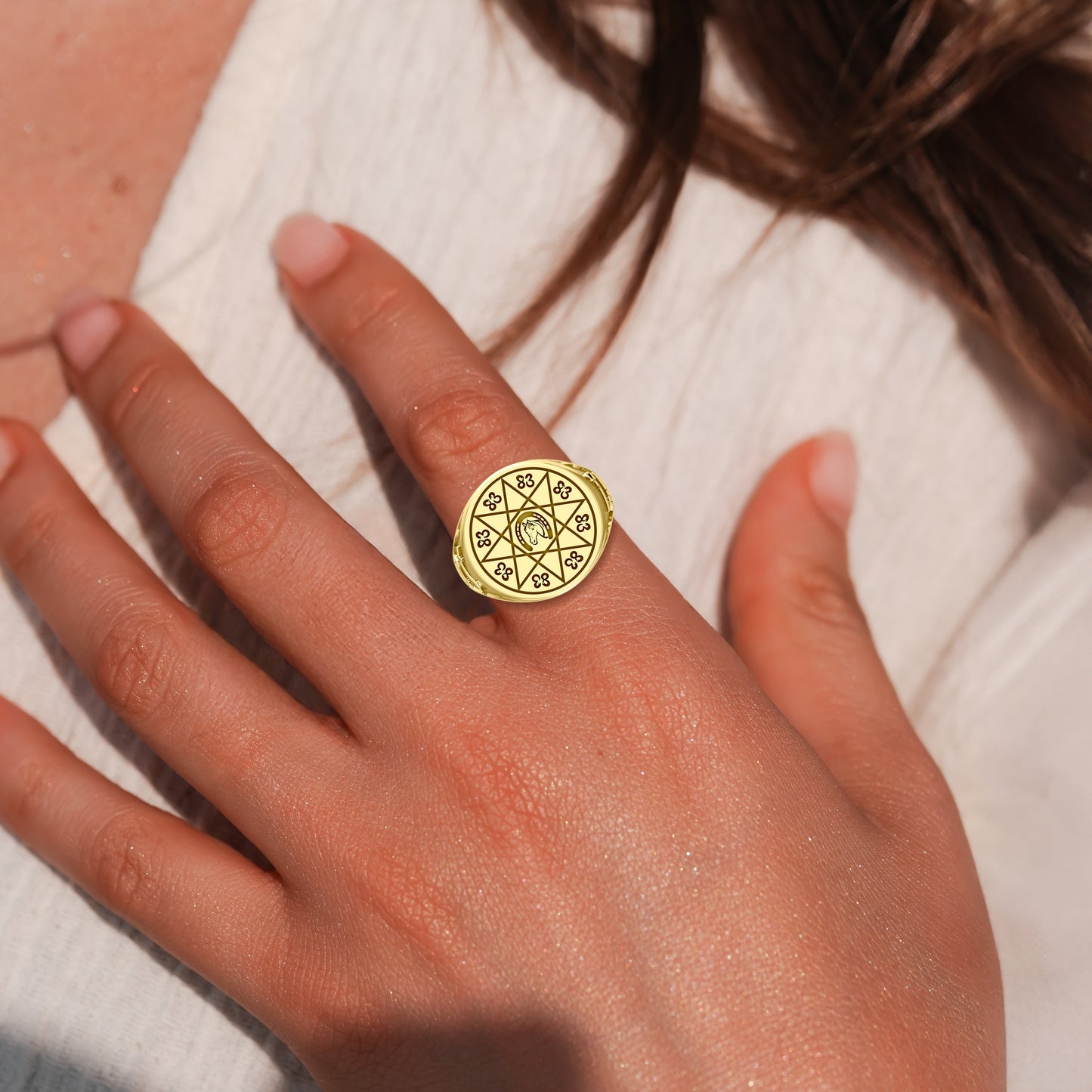Horseshoe with Lucky Number Snake Solid Yellow Gold Ring GRI1756