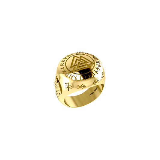 Norse Viking Valknut Solid Yellow Gold Ring with Rune Symbols GRI2413