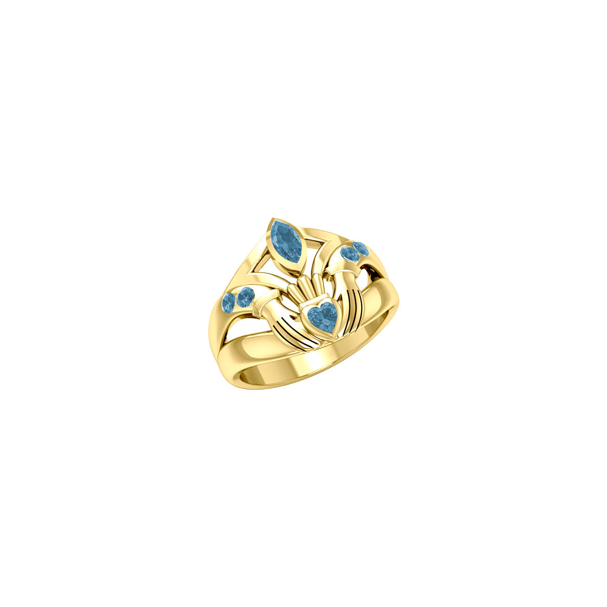 Irish Claddagh Solid Yellow Gold Ring with Gemstones GRI274