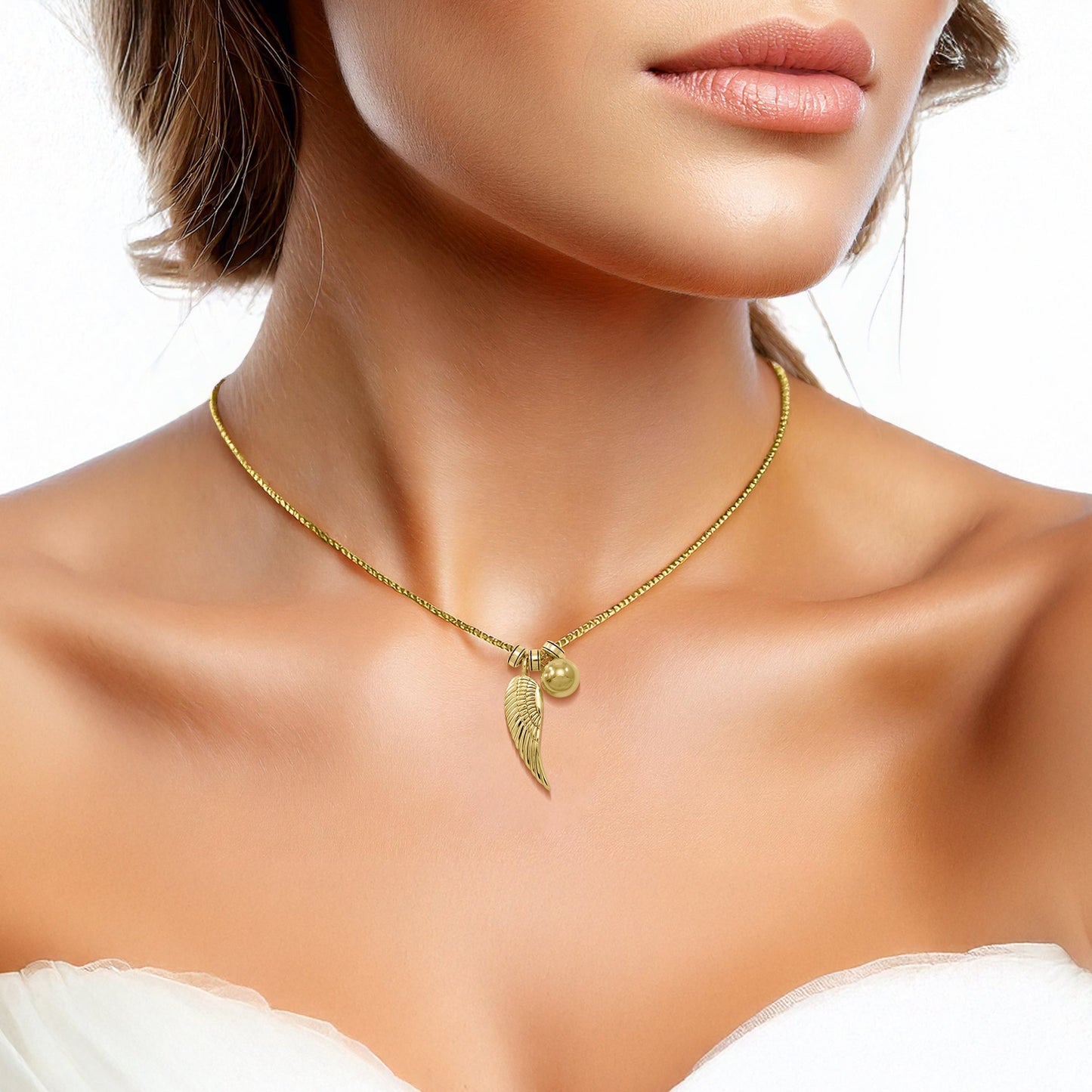Angel Wing Chime Ball Solid Yellow Gold Necklace GSE710