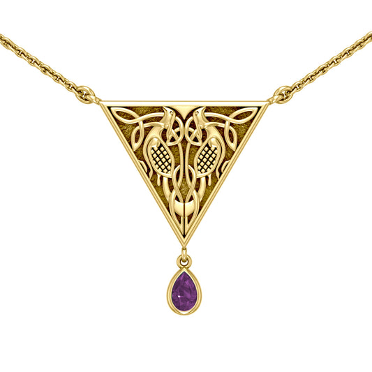 Celtic Knotwork Bird Solid Yellow Gold Necklace With Gemstone GTN053